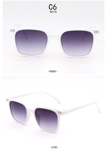 Front and side views of children's white square sunglasses with purple gradient lenses