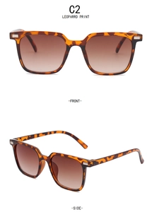 Detail view of leopard print square frame sunglasses with gradient tea lenses
