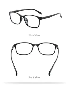 Side and back views of black TR90 anti-blue light glasses showing screwless frame design
