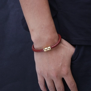Hand-woven red microfibre leather bracelet for men with a sleek gold magnetic clasp