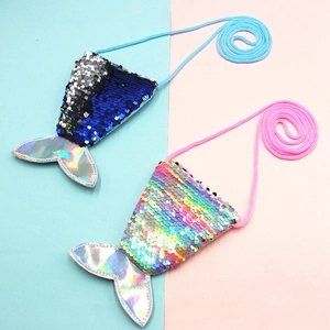 Blue and rainbow mermaid tail coin purses with reversible sequins and silver fins