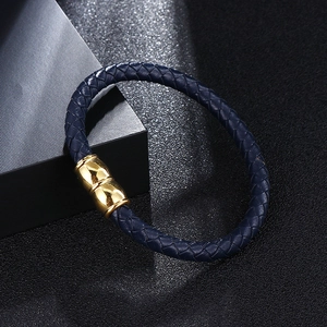 Handmade woven dark blue leather bracelet with high-gloss gold magnetic clasp for men