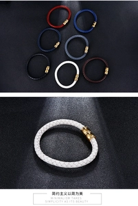Close-up of multicolored braided leather bracelets with polished gold magnetic clasps