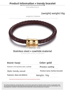 Detailed specs of woven leather bracelet with golden 316L stainless steel clasp