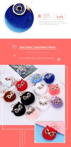 Close-up of fluffy faux rabbit fur owl keychains featuring sparkling sequin eyes and gold rings