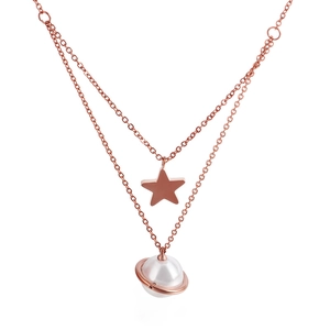 Collana a doppio strato in acciaio al titanio oro rosa con pendenti a stella e pianeta