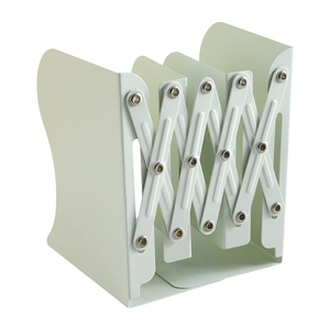Adjustable light green metal bookend with expandable folding design for desk storage