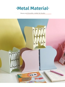 Adjustable metal bookends in pastel colors showing the sturdy telescopic structure