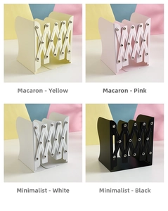 Adjustable metal bookends shown in macaron yellow, pink, white and black colors
