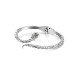 Snake Bangle Stainless Steel 18K Gold Plated Sparkling Cubic Zirconia Green Eye Animal Hinged Bracelet For Women