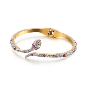 Bracelet Jonc Serpent En Acier Inoxydable Strass Zircon Incrusté Charnière Pour Femmes Bijoux Élégants