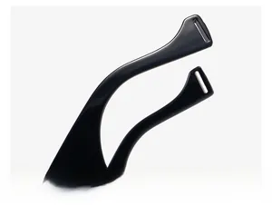 Detailed close-up of the ergonomic curved temples of black square sunglasses