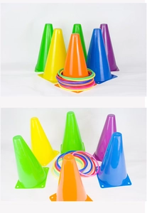 Macro detail of colorful plastic sports cones and rings set for kids sensory training