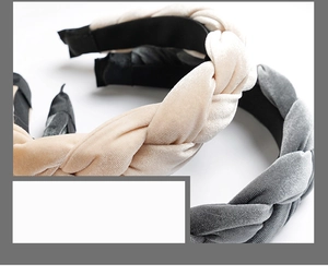 Detailed view of braided velvet headbands in beige and dark grey with non-slip lining