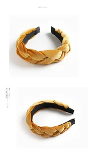 Macro view of velvet braided headband with golden yellow texture and non-slip inner lining