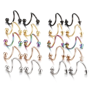 Surgical steel spiral body piercing set for lips and ears in 5 colors and 2 end styles