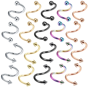 Detailed set of S-shaped spiral body piercing rings in five metallic colors and styles