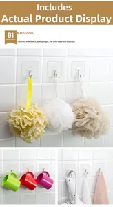 Transparent adhesive wall hooks showing bathroom storage for towels and accessories