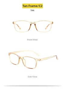 Detailed front and side view of transparent tan TR90 screwless eyeglasses frame