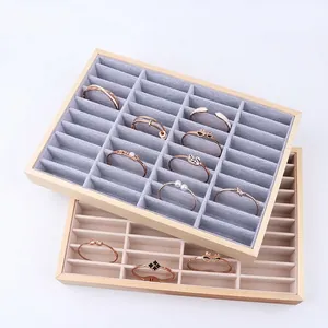 Ice gray and beige velvet wooden jewelry tray for organizing bracelets and bangles