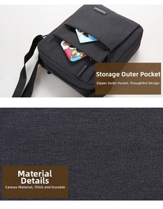 Close-up of durable grey canvas fabric texture and functional zipper pocket on men bag