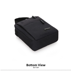 Detailed bottom view of black men's oxford crossbody bag showing thickness and profile