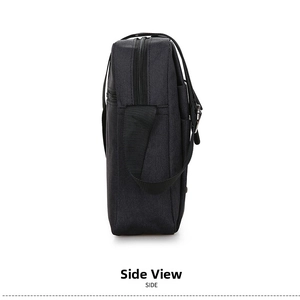 Side view of black oxford fabric shoulder bag showing durable texture and dual zippers