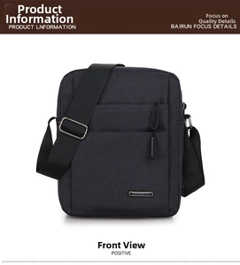 Close-up of durable black oxford fabric messenger bag with metal logo and zipper pocket