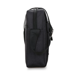 Men's black canvas shoulder bag showing side profile and spacious oxford fabric texture