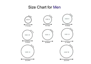 Size chart for men silicone rings showing circumference and diameter from size 7 to 14