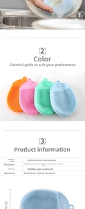 Detailed spec sheet showing TPE cleaning brush dimensions and four color options