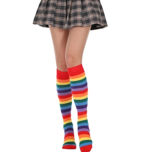 Close-up of rainbow striped mid-calf cotton socks with detailed knit texture for women