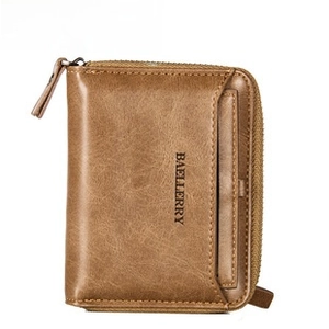 Detail view of brown leather wallet with zip pocket and front card slot by Baellerry