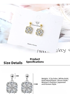 Detail view of square zircon drop earrings with 20mm height and 3.7g weight specifications