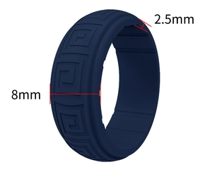 Detail of 8mm dark blue silicone ring featuring a Greek key pattern and dimensions