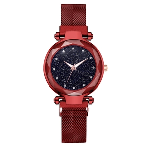 Burgundy starry sky watch with faceted crystal and magnetic mesh band for women