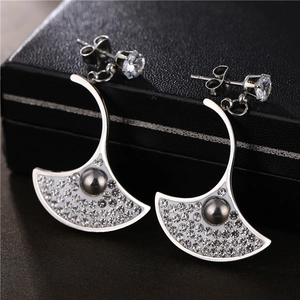 Silver ginkgo leaf dangle earrings with sparkling zircon inlay in a black gift box