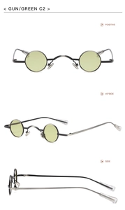 Three-way view of steampunk round gunmetal frames with green lenses in professional layout