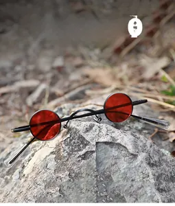 Retro steampunk sunglasses with red lenses and black metal frame on a textured rock