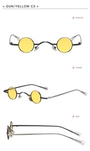 Detailed views of gunmetal round steampunk sunglasses with yellow lenses from multiple angles