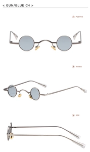 Three-angle view of steampunk small round sunglasses in gunmetal frame and blue lenses
