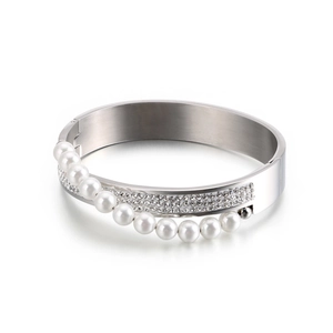 Silver stainless steel bracelet with cross design featuring pearls and pavé crystals