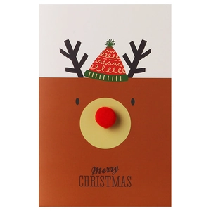Cartoon reindeer Christmas card featuring a 3D red pompom nose and merry Christmas text