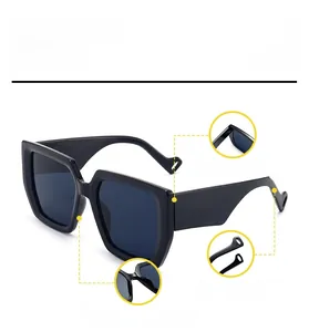 Detail view of black thick square sunglasses featuring secure hinges and arc temples