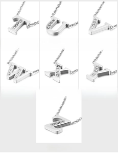 Detail of silver T-Z alphabet pendant necklaces with sparkling crystal pavé stones