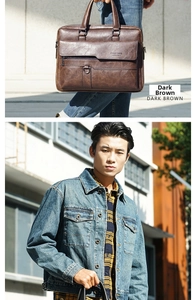 Close-up of vintage dark brown leather briefcase with embossed logo and metal D-rings