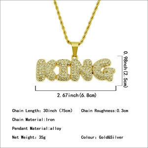 Hip hop King pendant necklace with sparkling rhinestones in gold and silver finish