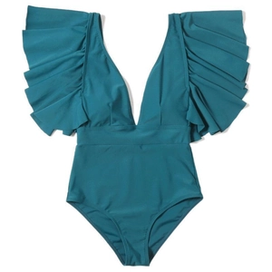 Deep V-neck one-piece swimsuit in teal with ruffled sleeves and high-waisted design