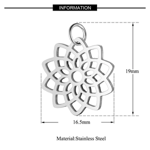 Detailed macro view of hollow lotus stainless steel pendant with 19mm by 16.5mm dimensions