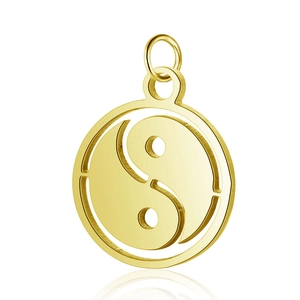 Detail of a gold Tai Chi Yin Yang pendant with circular hollow-out design and bail